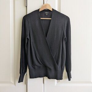 Ann Taylor Faux Wrap Sweater Black Shawl V Neck Soft Knit Office Blouse